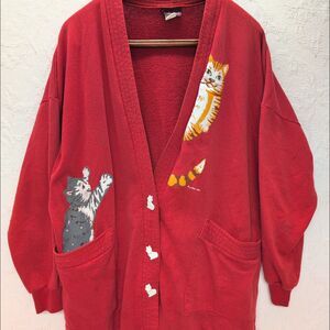 Vintage Linda Lori NY Red Fleece Cat Lovers Cardigan Sweater Women 80s Kawaii